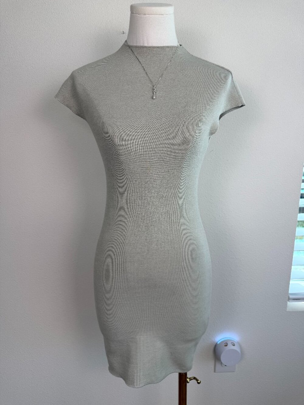 Zara Grey Stretch Knit Bodycon Mini Dress Cap Sleeve Mock Neck